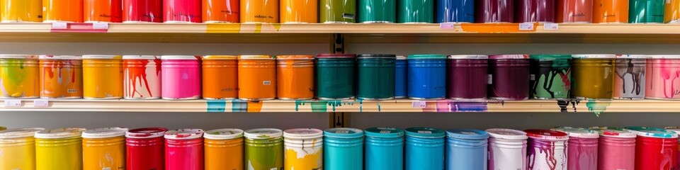 A wall of colorful paint cans in a hardware store - obrazy, fototapety, plakaty