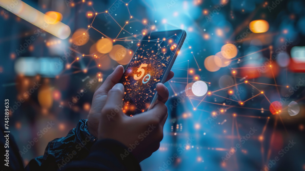 Poster close-up of a hand holding a smartphone displaying 5g connectivity amidst a network of glowing digit