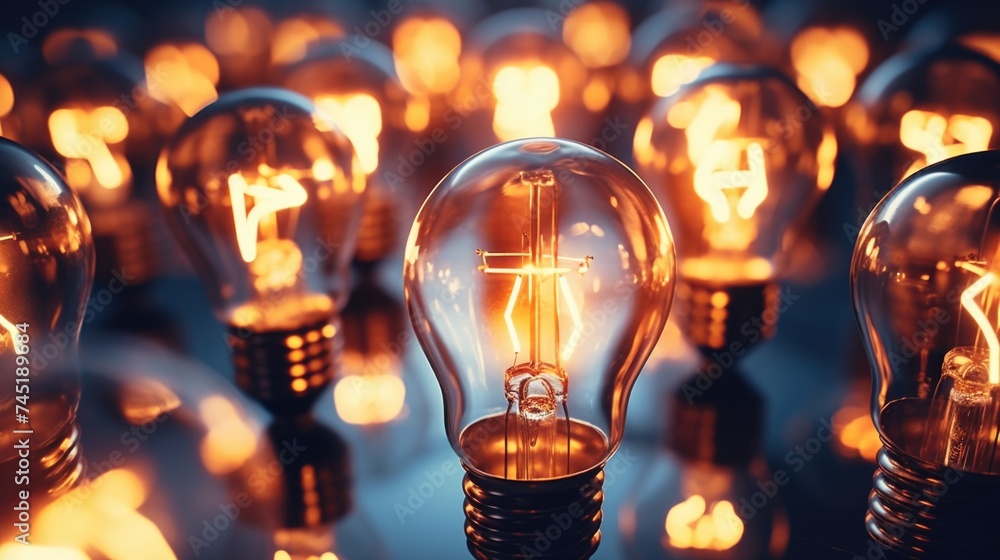 Poster group of light bulbs on a table, suitable for various projects