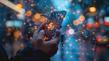 Close-up of a hand holding a smartphone displaying 5G connectivity amidst a network of glowing digital nodes.