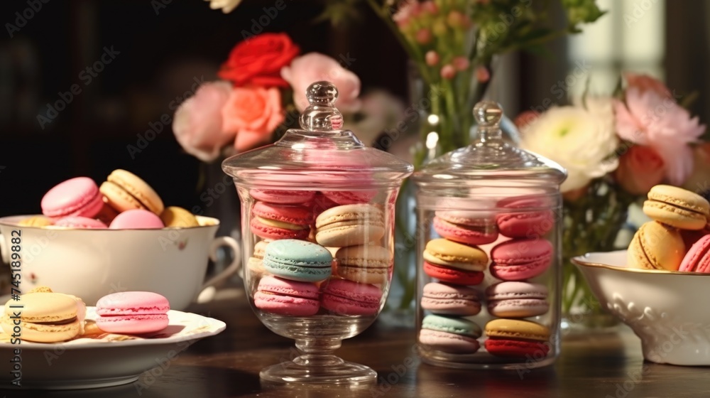 Poster a table topped with two glass jars filled with colorful macarons. perfect for bakery or dessert conc