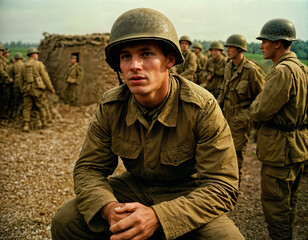 Obraz premium photo of intense soldier man in army outfit and helmet in serious dangerous war at night, generative AI