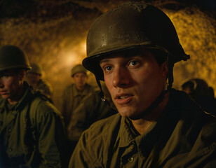 Obraz premium photo of intense soldier man in army outfit and helmet in serious dangerous war at night, generative AI
