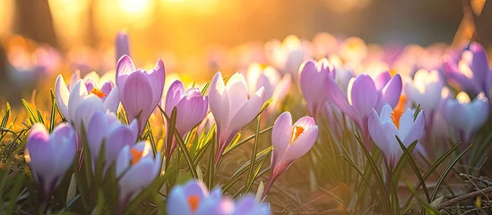 Fotobehang A field filled with blooming purple and white spring crocus flowers. The vibrant colors of the flowers paint a beautiful picture of natures wonders. © TheWaterMeloonProjec
