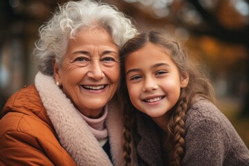 Smiling older woman and young girl posing for a photo. Suitable for family, generations, and happiness concepts