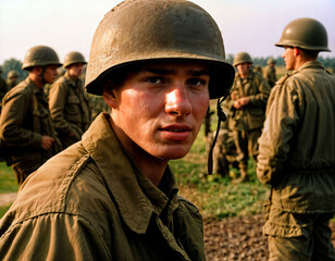 Obraz premium photo of intense soldier man in army outfit and helmet in serious dangerous war walking on field, generative AI