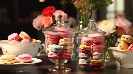 Obraz na płótnie Canvas A table topped with two glass jars filled with colorful macarons. Perfect for bakery or dessert concepts