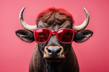 Keuken spatwand met foto cow wearing sunglasses and red hair © IOLA