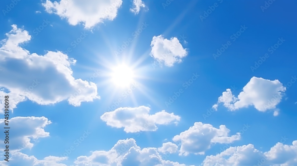 Poster sun rays breaking through the clouds in a clear blue sky. perfect for weather and nature concepts