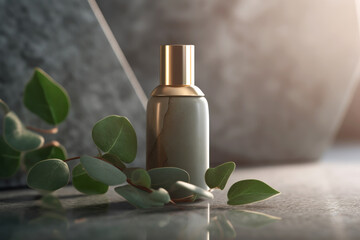 Chic marble-style cosmetic bottle adorned with eucalyptus