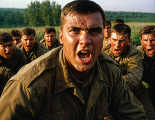 Fototapeta premium photo of intense soldier man in army outfit and helmet in serious dangerous war arguing with other, generative AI