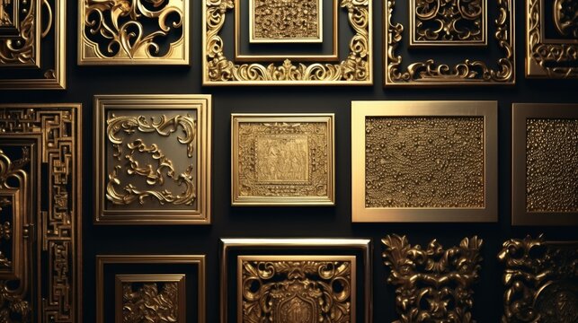 A collection of gold framed pictures hanging on a wall. Perfect for interior design projects