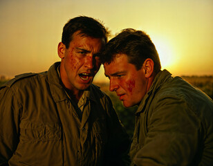 photo of intense soldier man in army outfit and helmet in serious dangerous war arguing with other, generative AI