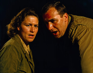 Obraz premium photo of intense soldier man in army outfit and helmet in serious dangerous war arguing with other, generative AI