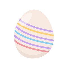 Easter egg of light color is daintily wrapped with colored threads.  Simple vector drawing isolated on white background. Holiday tradition, food gift. Bright spring colors
