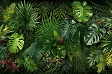 A large group of tropical plants on a dark, dramatic black background. Perfect for botanical and nature themed designs