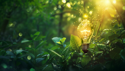 Eco-Innovation Concept: Light Bulb with Leaf on Green Plant Symbolizing Sustainable Energy and Ecological Balance