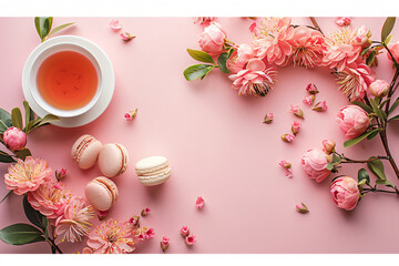 Tea cup among pink blossoms on pastel pink background. Relaxation and springtime concept suitable for lifestyle and gastronomy designs