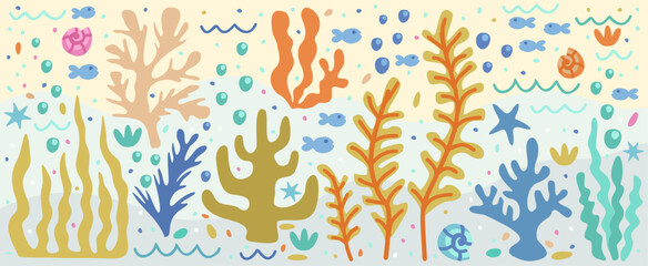 Vector undersea set with colorful seaweed, fishes, seashells, bubbles, waves and seastars