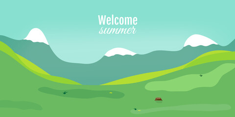 Spring landscape, mountain horizon. Mountain beautiful landscape background raster design illustration. Spring season. Panoramic view.