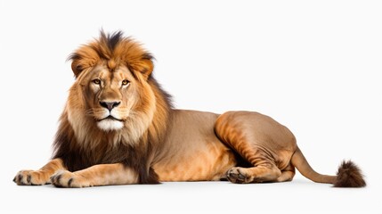 A majestic lion laying down on a white surface. Suitable for wildlife or animal themed projects