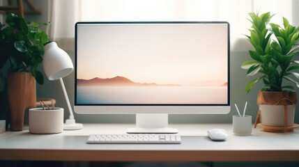Modern computer monitor on white desk. Ideal for technology concepts