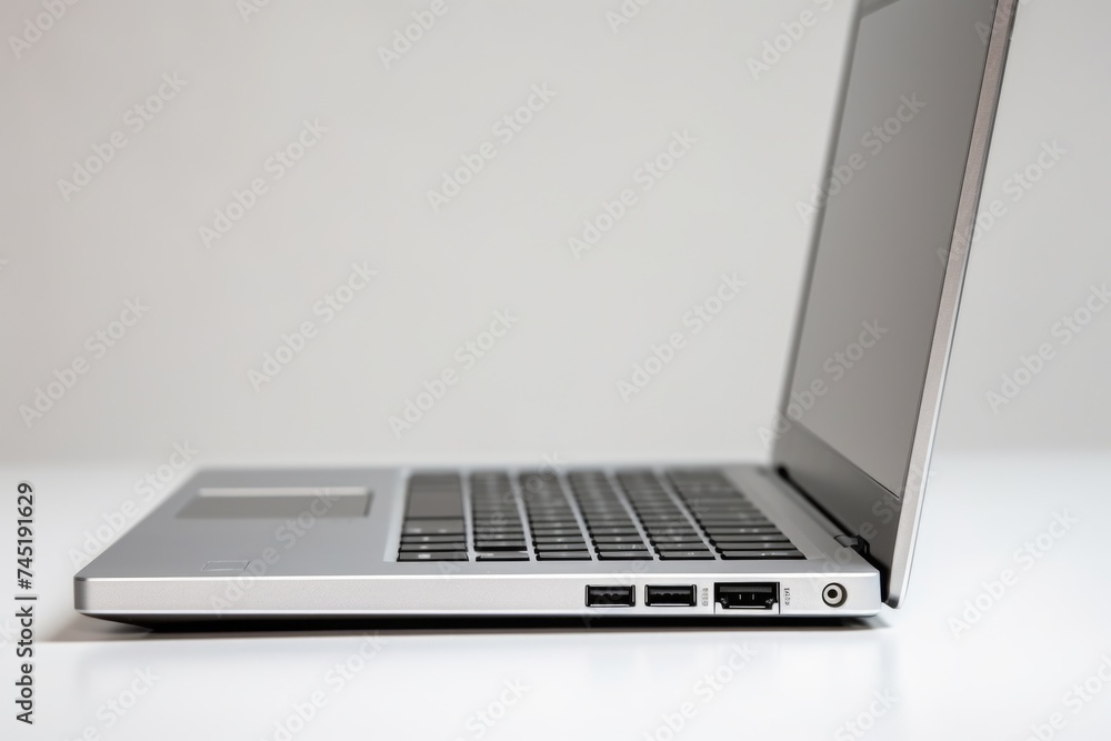 Poster a modern laptop computer on a clean white table, suitable for technology or workspace concepts
