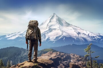 A man standing on top of a mountain with a backpack. Suitable for outdoor and adventure concepts