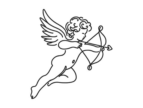 Vector image of Cupid shooting an arrow, in a linear style, on a white background.