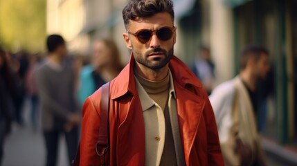 A man dressed in a fashionable red jacket and sunglasses. Perfect for fashion or urban lifestyle concepts - obrazy, fototapety, plakaty