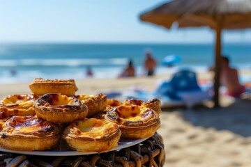 Traditional portuguese vanilla pudding puff pastry pastel de nata on the beach of the ocean. Enjoying delicious dessert on vacation