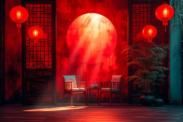 Fotobehang Beautiful original background image of a luxurious red room with Chinese style and minimalist wooden floor with chairs and table under the lantern. play of light and shadow on the walls and floor © ERiK