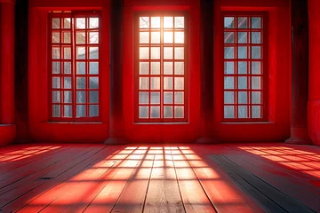Fotobehang Beautiful original background image of a luxurious red empty room in Chinese style and a minimalist wooden floor with a play of light and shadow on the walls and floor. © ERiK