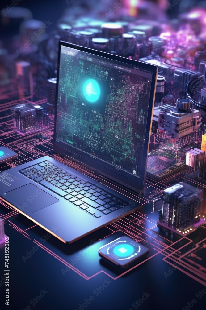 Poster a laptop computer on a table, suitable for technology concepts