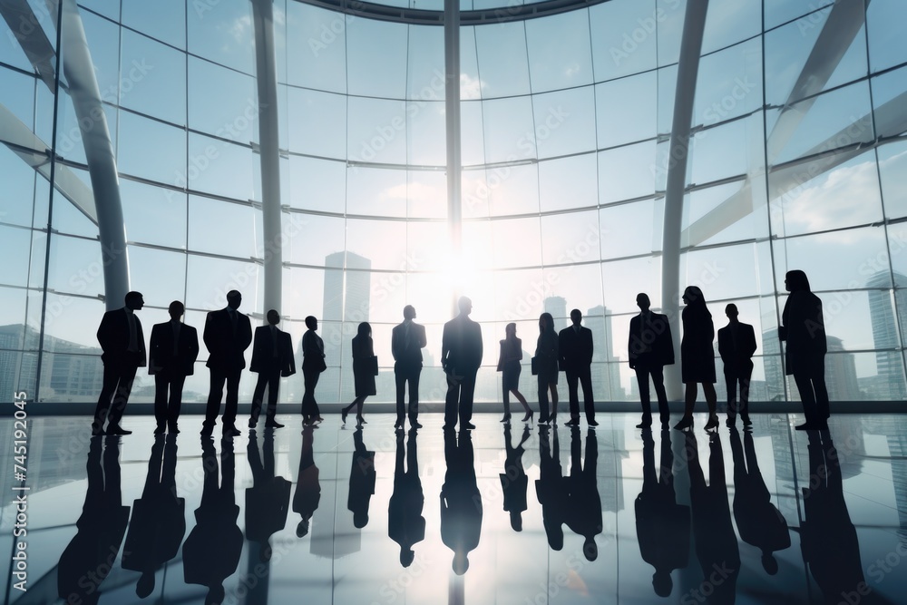 Poster a group of people standing in front of a large window. suitable for business and team concepts