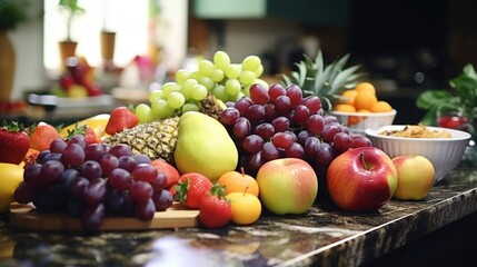 Fresh fruit displayed on kitchen counter. Suitable for food and nutrition concepts