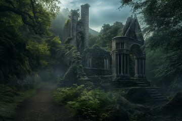 Ancient Castle Ruins Shrouded in Forest Mist