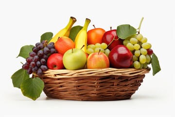 A variety of fresh fruits in a wicker basket, perfect for healthy eating concepts