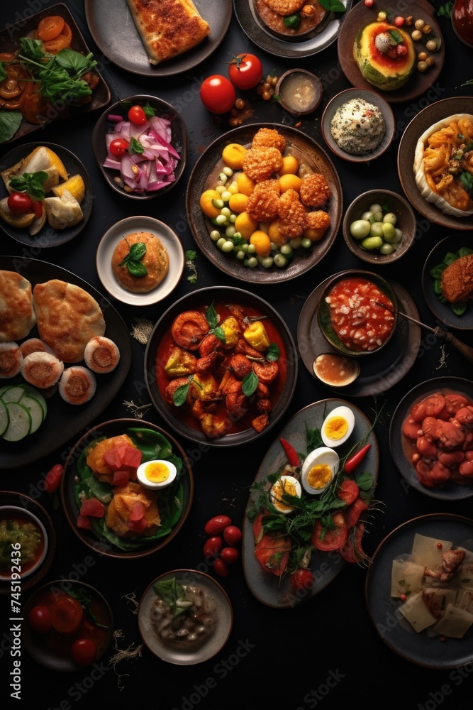 Poster a table topped with a variety of different types of food. perfect for food bloggers or restaurant pr