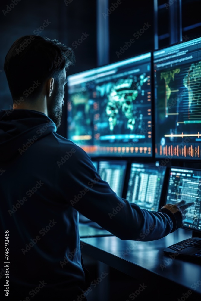 Poster A man sitting in front of several computer screens. Useful for technology or business concepts