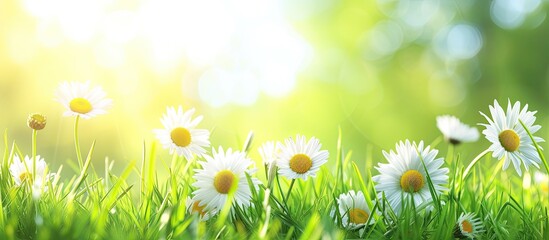 A cluster of daisies, including wild varieties, grows abundantly in a vast field of vibrant green grass. The bright white petals of the daisies contrast beautifully with the lush greenery of the