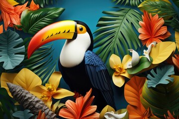 Colorful toucan perched on a branch surrounded by vibrant flowers. Ideal for nature and wildlife concepts