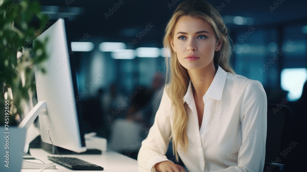 Poster a woman sitting at a desk working on a computer. suitable for business concepts