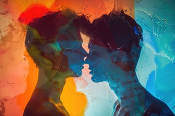 A couple engaging in a tender kiss in front of a vivid and colorful background, expressing their love and affection for each other