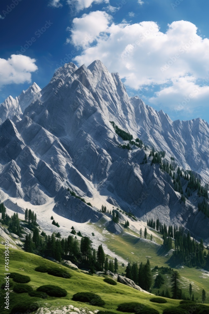 Aufkleber A large mountain with a few trees in the foreground. Suitable for nature and landscape themes