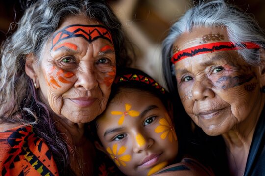Three Generations of Aboriginal Australian Women Embracing Heritage with Traditional Ochre Face Painting Outdoors