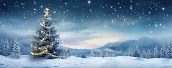 Beautiful christmas tree in fairytale snowy landscape. Wallpaper and background.