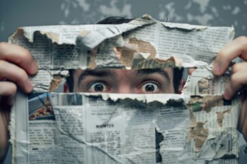 A man hides his face behind a newspaper, seeking anonymity and refuge from the world, shielded by the words printed on the paper