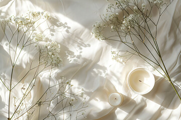 Soft morning light with baby's breath and candles on wrinkled white fabric. Peaceful and calming design concept with space for text