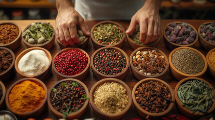 Variety of spices and herbs on a cooking table colorful view